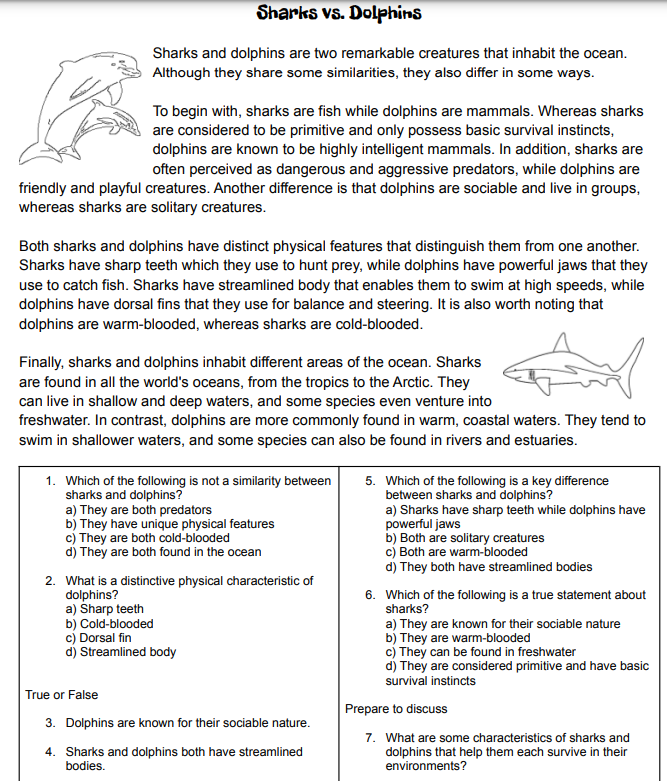 Compare and Contrast Sharks and Dophins Reading Worksheet | Educational